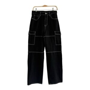 Shein Women High Waist Flap Pocket Cargo Jeans Black Streetwear Grunge Goth Sz 6